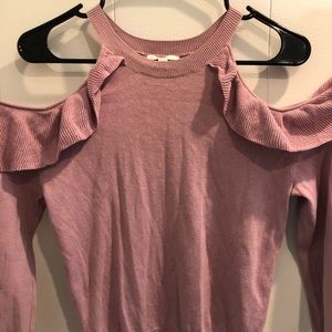 Light pink blush sweater with ruffle open shoulder